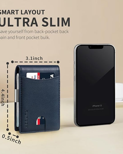 RUNBOX Slim Money Clip Wallets for Men RFID Blocking 11 Card Holder Minimalist Small Leather Bifold Men's Front Pocket Wallet Gift Box