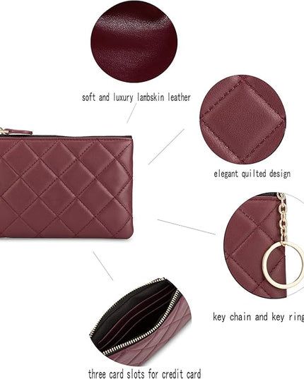 DORIS&JACKY Soft Lambskin Leather Coin Purse Small Quilted RFID Blocking Top Zipper Wallet With Key Chain