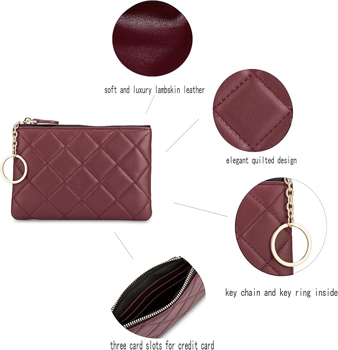 DORIS&JACKY Soft Lambskin Leather Coin Purse Small Quilted RFID Blocking Top Zipper Wallet With Key Chain