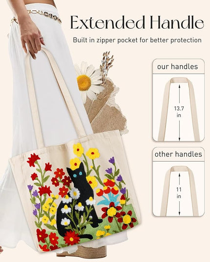 Aesthetic Embroidery Tote Bag for Women - Reusable Canvas Cute Shoulder Bag for Shopping, Grocery, Work, Book