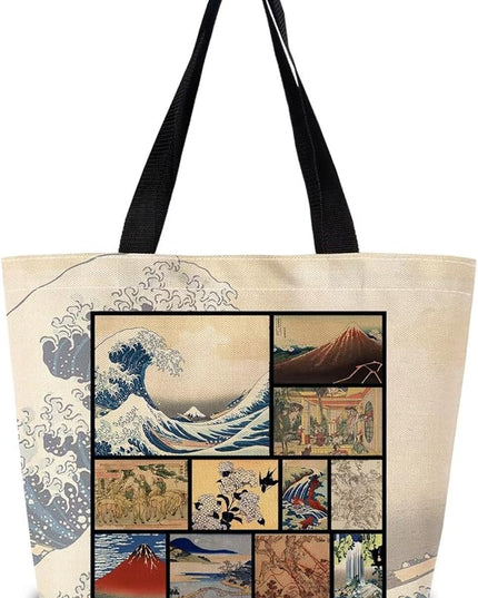 Katsushika Hokusai Japanese Painting Tote Bag Reusable Grocery Bags Aesthetic Shopping Shoulder Handbag with Interior Zipper Pocket Stylish Ukiyoe The Great Wave Present for Women