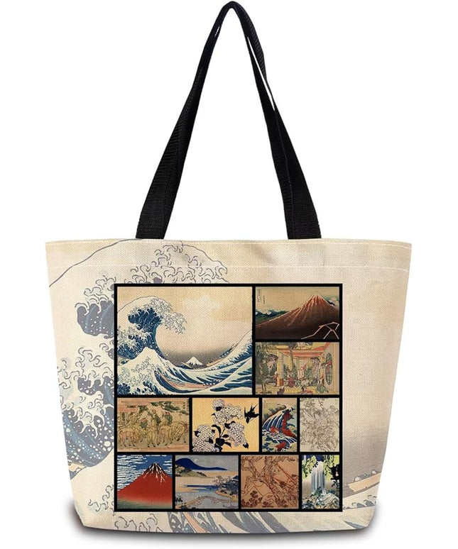 Katsushika Hokusai Japanese Painting Tote Bag Reusable Grocery Bags Aesthetic Shopping Shoulder Handbag with Interior Zipper Pocket Stylish Ukiyoe The Great Wave Present for Women
