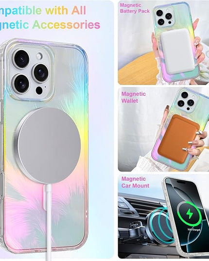 Glitter Case for iPhone 16 Pro Case for Women Girls [ Compatible with Magsafe ] Clear Cute Aesthetic Girly Iridescent Feather Sparkly Bling Magnetic Phone Cover, Gradient Blue & Pink
