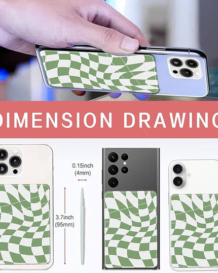 Phone Card Holder, Cute Leather Phone Wallet Stick On, Dual Pocket Credit Card Sticky Wallet Cute Groovy Checks