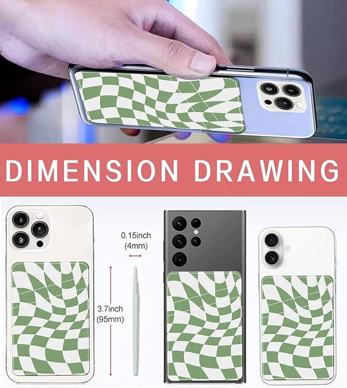 Phone Card Holder, Cute Leather Phone Wallet Stick On, Dual Pocket Credit Card Sticky Wallet Cute Groovy Checks