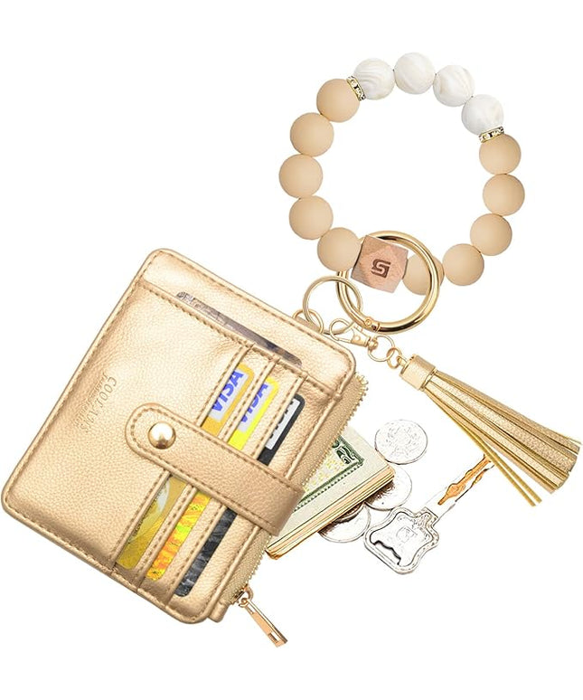 COOLANS Silicone Bracelet Wristlet Wallet Credit Card Holder RFID,ID Window,Key Ring Tassel,Slim Wallet Women Keychain Purse