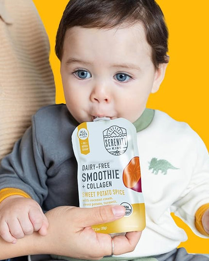 Serenity Kids 6+ Months Organic Dairy-Free Baby Food Smoothie Pouch - Sweet Potato Spice Collagen Protein - No Added Sweeteners Organic Baby Snacks - Protein Smoothie Toddler Food - 3.5 Oz, 12 Pack