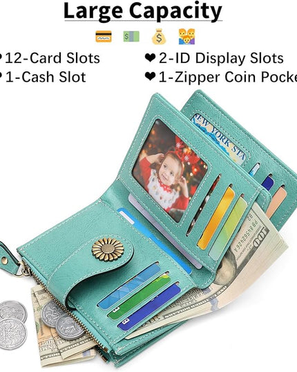 SENDEFN Small Womens Wallet Leather Bifold Card Holder RFID Blocking with Zipper Coin Pocket