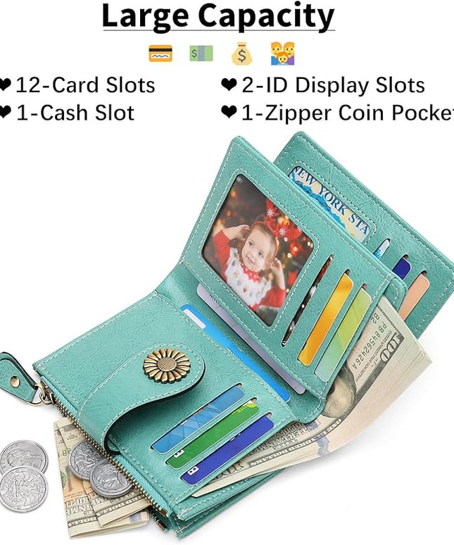 SENDEFN Small Womens Wallet Leather Bifold Card Holder RFID Blocking with Zipper Coin Pocket