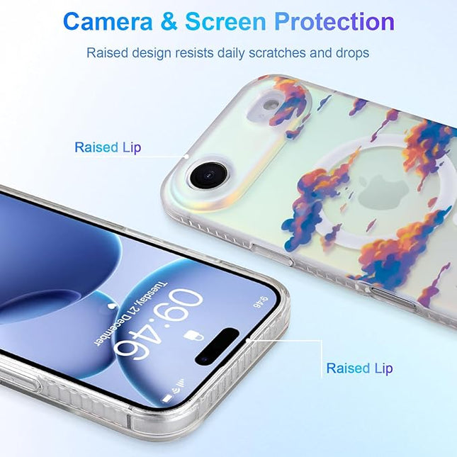 Cute Case for iPhone Air Case for Women Girls [ Compatible with Magsafe ] Aesthetic Cloud Pattern Design, Girly Glitter Sparkly Bling Protective Phone Cover, Iridescent Sun Set Sky