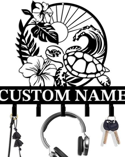 Casebrick Custom Sea Turtle Metal Wall Hooks,Key Holder-Personalized Iron Wall Decor for Keys, Coats & Home Organization (Black, Handmade,Decorative for Entryway, Beach,Bedroom,Office) (Style I)