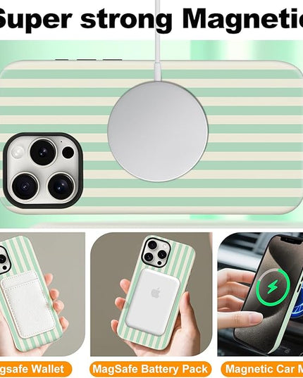 Magnetic for iPhone 15 Case Cute Stripes Phone Case, Shockproof Slim TPU and Hard PC Protective Phone Cover Compatible with MagSafe Designed for Women Girls, Light Green