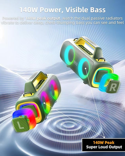 Portable Bluetooth Speaker Wireless,140W Peak Loud Sound with 2 Subwoofers and 2 Tweeters, Plus Bass Boost, IP65 Waterproof Outdoor Speaker, 24H Playtime, RGB Lights, TF/AUX/USB/Mic Input, Large Party