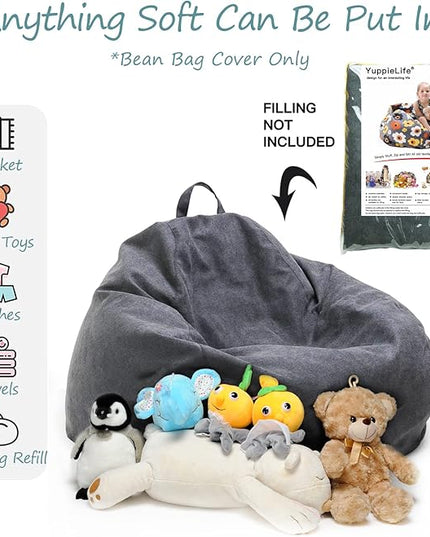 YuppieLife Stuffed Animals Bean Bag Chair Cover Candy-Colored Bean Bag（Just Cover, No Filling）/Large Stuff 'n Sit Organization/Toy Storage Bag/Kids Toys Organizer（27'',Dark Grey）
