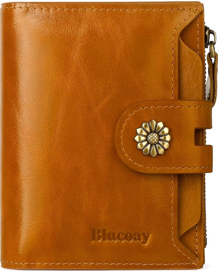 Blucoay Leather Wallet Women,RFID Blocking Womens Wallet Bifold Compact Card Holder Small Wallet for Women with Removable ID Window LightBrown