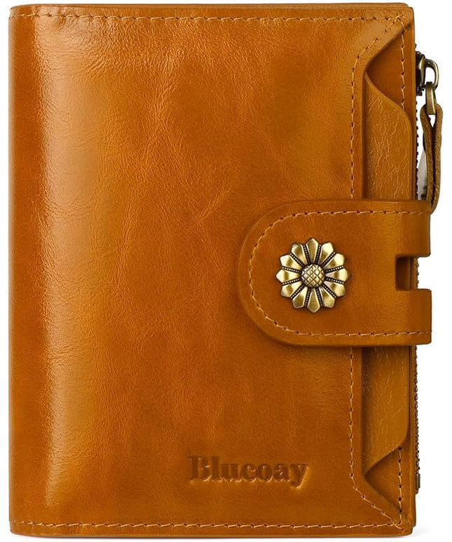 Blucoay Leather Wallet Women,RFID Blocking Womens Wallet Bifold Compact Card Holder Small Wallet for Women with Removable ID Window LightBrown