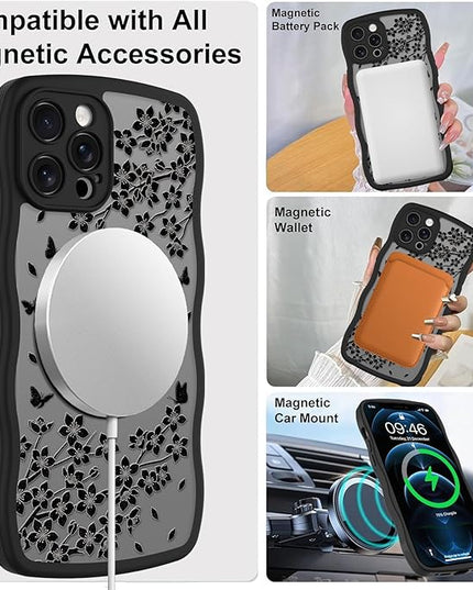 Wavy Case for iPhone 12 Pro Max Case with Stand [Compatible with MagSafe] Cute Black Cat & Floral & Butterflies Pattern Design, Kawaii 360 Magnetic Ring Kickstand Phone Cover for Women Girls