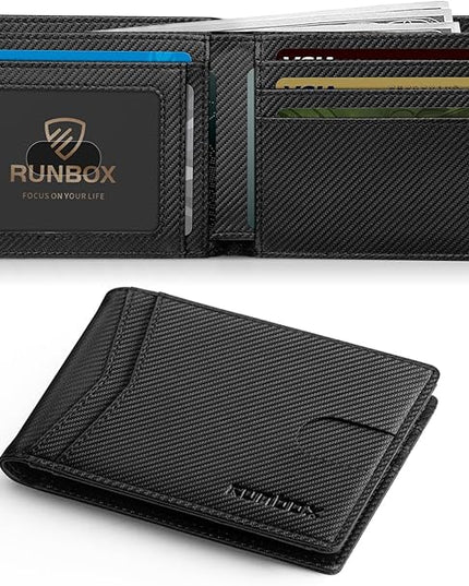 RUNBOX Wallet for Men Slim Leather Bifold RFID Blocking Minimalist Front Pocket Design with Gift Box