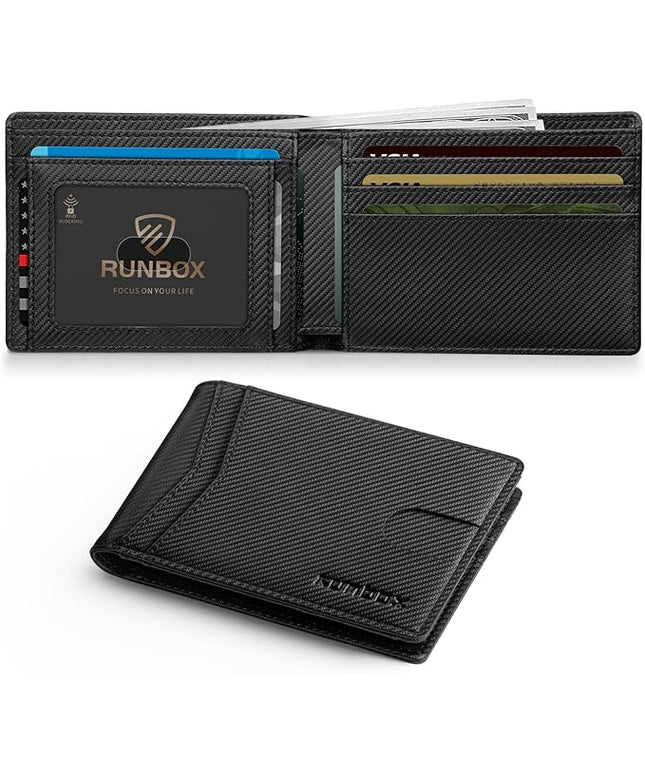 RUNBOX Wallet for Men Slim Leather Bifold RFID Blocking Minimalist Front Pocket Design with Gift Box