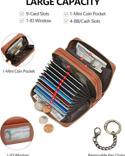 TFKGS Credit Card Holder for Women RFID Wallet Leather Womens Wallet with Zipper Blocking Keychain Card Accordion Wallets Gifts for Women Brown