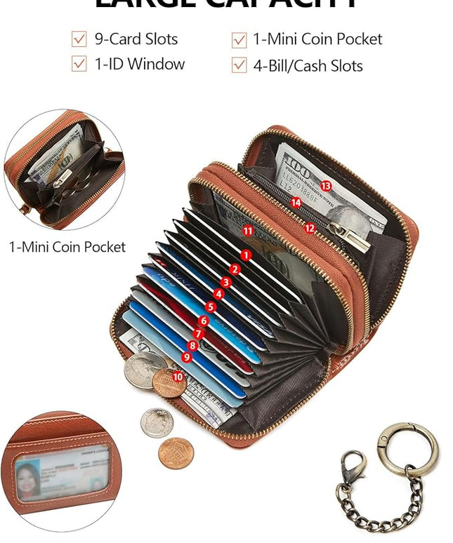 TFKGS Credit Card Holder for Women RFID Wallet Leather Womens Wallet with Zipper Blocking Keychain Card Accordion Wallets Gifts for Women Brown