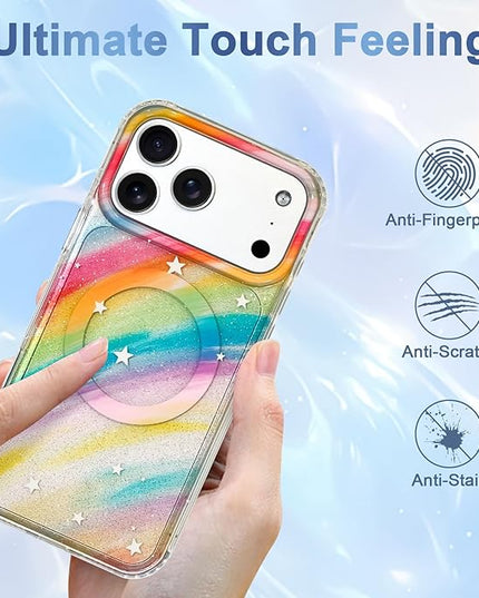 Cute Case for iPhone 17 Pro Case for Women Girls [Compatible with Magsafe] Aesthetic Girly Trendy Glitter Sparkly Bling Magnetic Protective Phone Cover, Rainbow