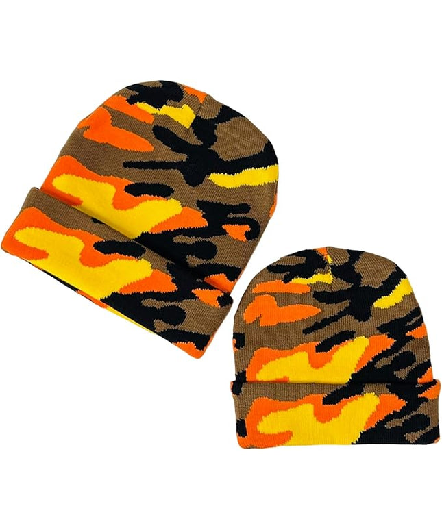 Super Soft Adult & Child Camo Print Winter Knit Beanie Set