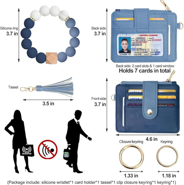 COOLANS Silicone Bracelet Wristlet Wallet Credit Card Holder RFID,ID Window,Key Ring Tassel,Slim Wallet Women Keychain Purse