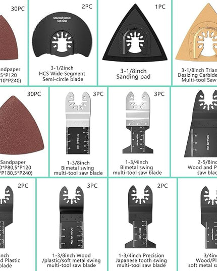 Protoiya 87 PCS Oscillating Tool Blades, Wood Metal Plastic Quick Release Oscillating Multitool Saw Blades Accessories with Sandpaper Compatible with Milwaukee, Makita, Ryobi, Rockwell, Bosch