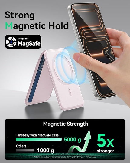 Fanseesy for MagSafe Wallet with Stand, 5 Card Holder, Slim Leather Magnetic Wallet for iPhone 17/16/15/14/13/12 Pro Max Plus Air Series, 3 Card Slots & 1 Cash Slot,Pink