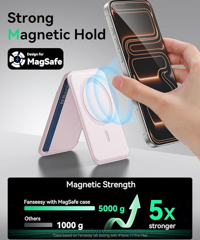 Fanseesy for MagSafe Wallet with Stand, 5 Card Holder, Slim Leather Magnetic Wallet for iPhone 17/16/15/14/13/12 Pro Max Plus Air Series, 3 Card Slots & 1 Cash Slot,Pink