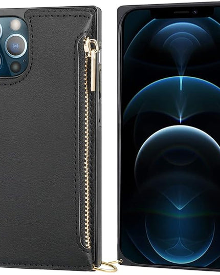 Bocasal Crossbody Wallet Case for iPhone 12 Pro Max with Card Holder,Zipper Card Slot Protector Shockproof Purse Cover with Removable Cross Body Strap 6.7 Inch(Black)