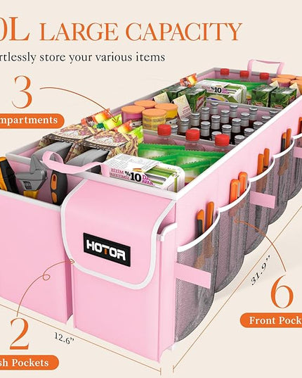 HOTOR Trunk Organizer for suv - Car Organizer, Foldable Trunk organizer for SUVs & Sedans, Sturdy Car Organization for Car Accessories, Tools, Sundries, Pink, 3 Compartments, 31.9"×12.6"×10.6"