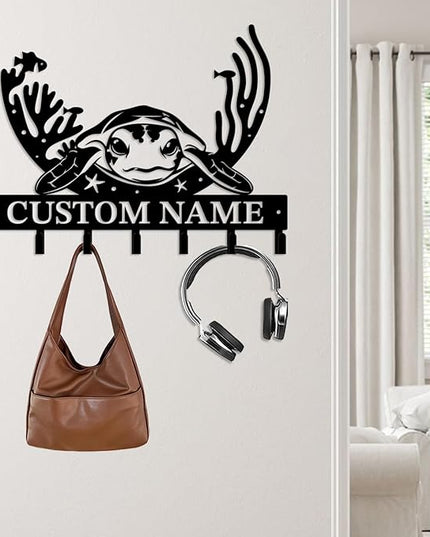 Casebrick Custom Sea Turtle Metal Wall Hooks,Key Holder-Personalized Iron Wall Decor for Keys, Coats & Home Organization (Black, Handmade,Decorative for Entryway, Beach,Bedroom,Office) (Style H)