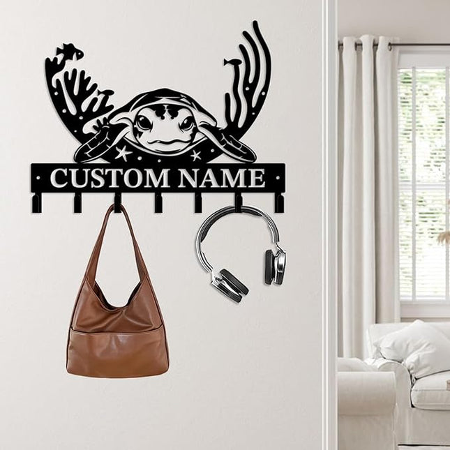 Casebrick Custom Sea Turtle Metal Wall Hooks,Key Holder-Personalized Iron Wall Decor for Keys, Coats & Home Organization (Black, Handmade,Decorative for Entryway, Beach,Bedroom,Office) (Style H)