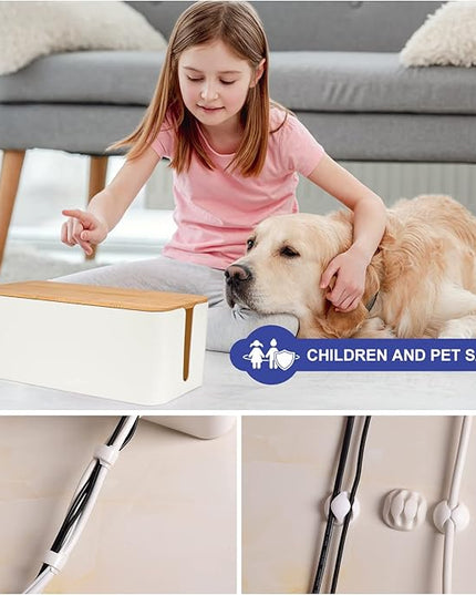 Cable Management Box - Wooden Style Cord Organizer Box to Hide Wires & Power Strips | Desk Computer Cable Organizer Box | Safe ABS Material | 12.6" (L) x 5.3" (W) 4.9" (H) | for Home & Office - White