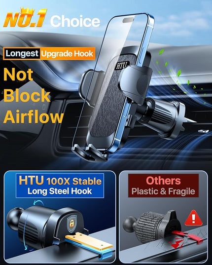 HTU [2026 True Military-Grade] Car Phone Holder [Upgraded Strongest Suction & Clip] Cell Phone Mount for Dashboard Windshield Vent,Truck Cradle Stand for iPhone 16 Pro Max Samsung Android (Black)