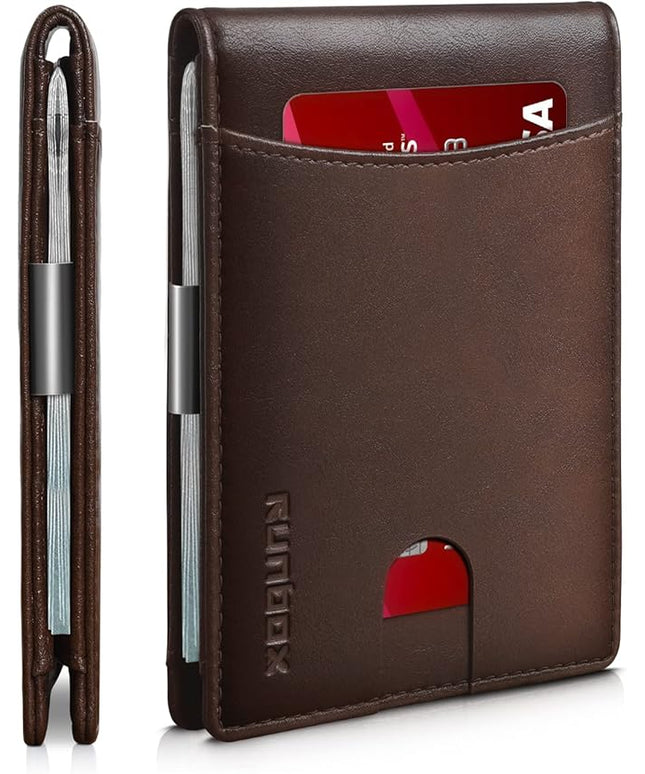 RUNBOX Slim Money Clip Wallets for Men RFID Blocking 11 Card Holder Minimalist Small Leather Bifold Men's Front Pocket Wallet Gift Box