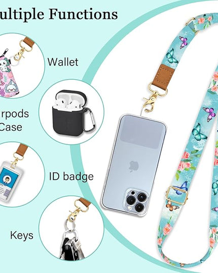 Phone Lanyard Crossbody Wrist Strap, Butterfly Flower Cell Phone Lanyards for Around the Neck Wristlet Shoulder, Adjustable Floral Strap for Car Keys Keychain Wallet ID Badge