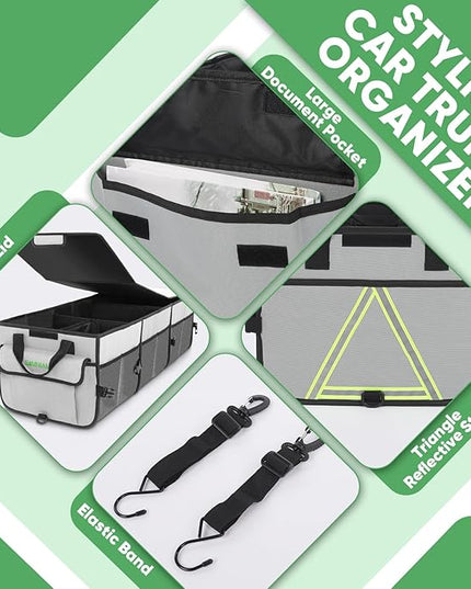 Simniam Car Trunk Organizer with Insulated Grocery Bag- 110L High Capacity Car Storage Box, with 4 Compartments, Reflective Strip, Cover, for Auto, SUV, Truck, Minivan