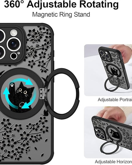 Cute Case for iPhone 16 Pro Max Case with Stand [ Compatible with MagSafe ] Kawaii Black Cat & Floral & Butterflies Pattern Design 360 Magnetic Ring Kickstand Phone Cover for Women Girls Boys