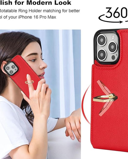 Folosu Compatible with iPhone 16 Pro Max Case Wallet with Card Holder, 360°Rotation Finger Ring Holder Kickstand, RFID Blocking Leather Protective Double Buttons Shockproof Cover 6.9 Inch Red