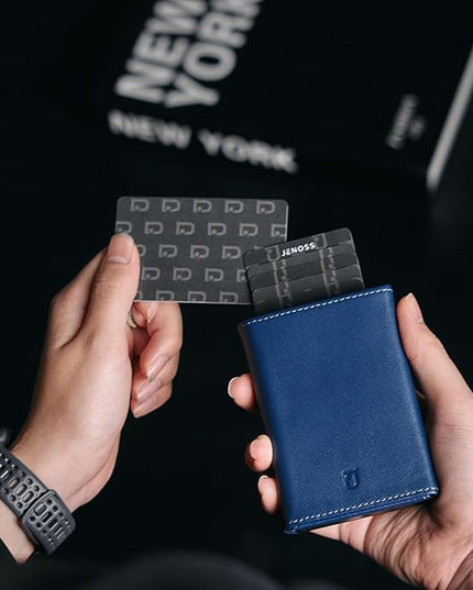 Taurus Smart Wallet For Men: Full Grain Leather, Handcrafted, Slide Metal Pop Up Case, Slim RFID Blocking Credit Card Holder, Minimalist, Compact - 9-12 Cards Organizers | ID | Money Clip (Navy)