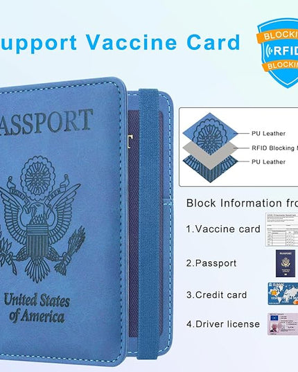 ACdream Passport and Vaccine Card Holder Combo, Cover Case with CDC Vaccination Card Slot, Leather Travel Documents Organizer Protector, with RFID Blocking, for Women and Men, C - Light Blue,