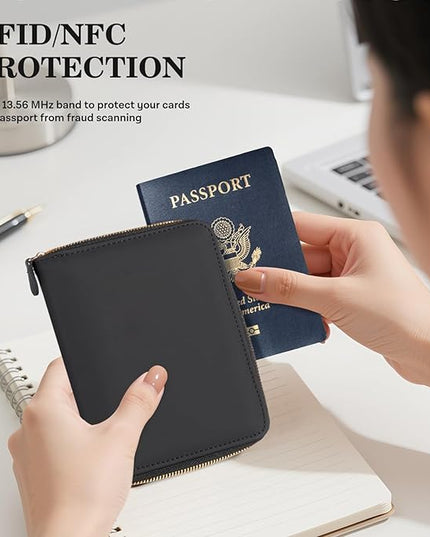 CoBak Passport Holder Cover with Safe Zipper Closure, Premium Passport Wallet for Travel, RFID Blocking Card Case, Waterproof Travel Accessories for Man, Black Grain