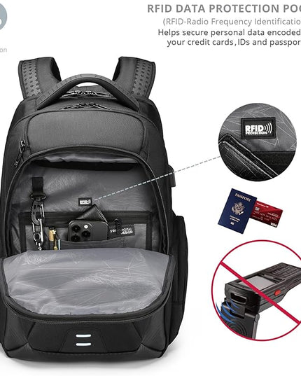 Swissdigital Design Men's Laptop Backpack for College and Business Travel with Integrated USB Charging Port and RFID Protection Fits Laptops up to 15.6 Inch, Black | SD1695-01