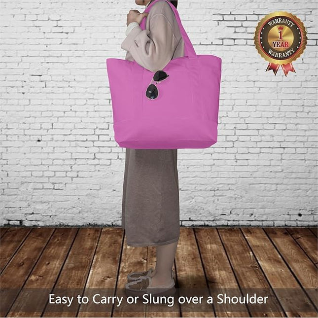 TOPDesign 6-Pack Canvas Tote Bags with an External Pocket, Reusable Grocery Shopping Bags, Top Zipper Closure, Daily Essentials (Light Purple)