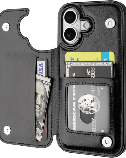 ONETOP Compatible with iPhone 17 Wallet Case with Card Holder, PU Leather Kickstand Card Slots Case, Double Magnetic Clasp and Durable Shockproof Cover 6.3 Inch (Black)