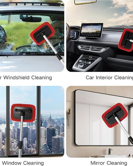 11pcs Windshield Cleaner Tool, Car Window Cleaning Wash Kit with 6 Reusable Microfiber Pads 2 Spray Bottles and Extendable Handles Auto Glass Wiper Kit, Red
