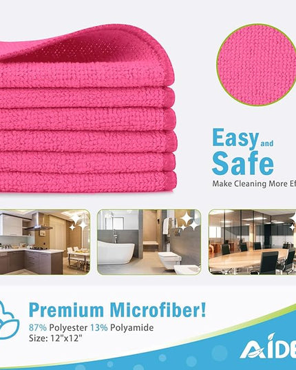 AIDEA Microfiber Cleaning Cloth-12PK, Soft Microfiber Towels for Cars, Absorbent Cleaning Rags, Lint-Free Streak-Free Wash Cloths for House, Kitchen, Window(12in.x12in), Pink